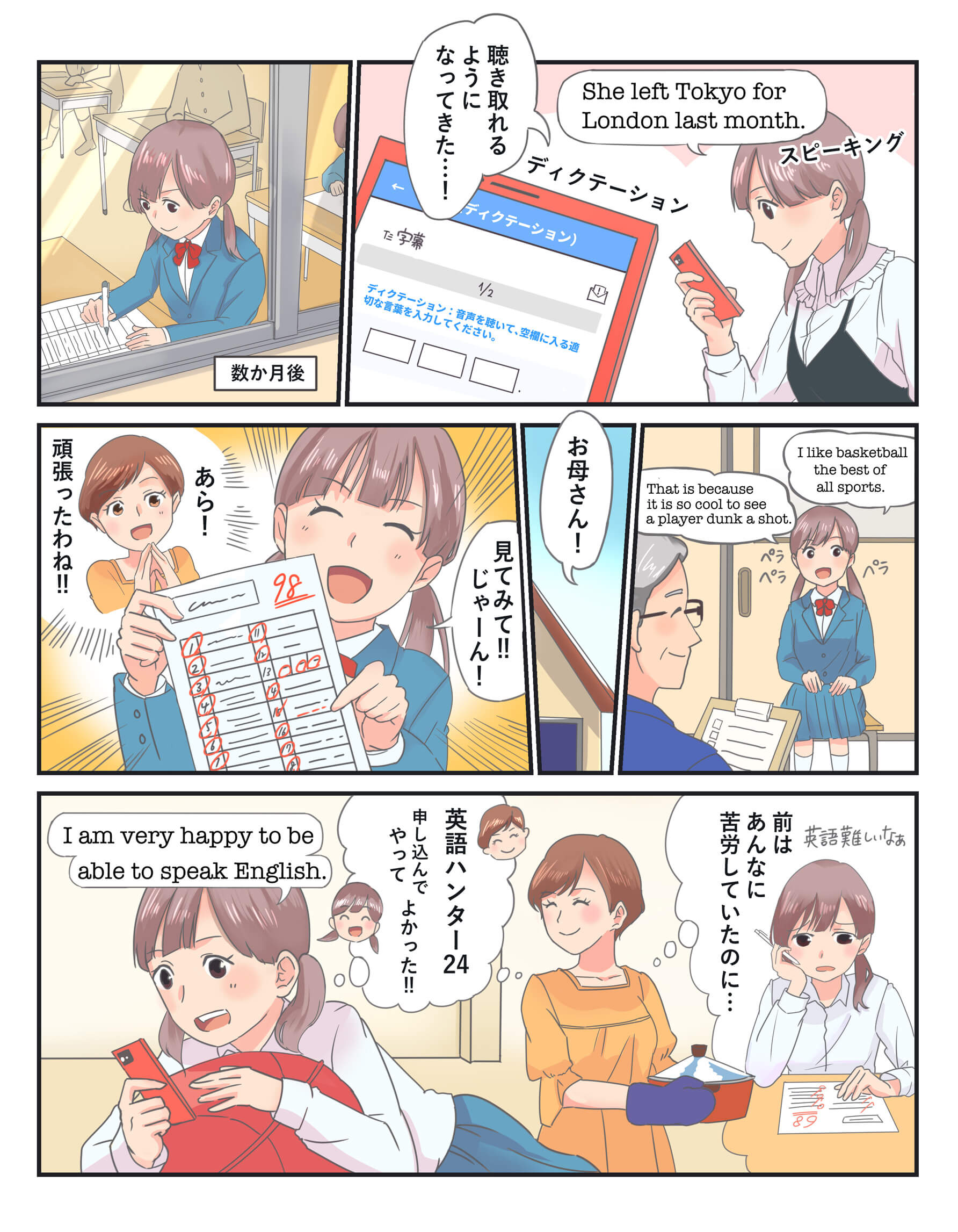 漫画:英語の窓口・英語ハンター24を使用して数ヶ月後、英語が聴き取れるようになってきた！英語の質問にも堂々と答えられるようになり、98点の英語のテストを嬉しそうに母親に見せる娘。英語の窓口・英語ハンター24を申し込んで良かったと喜ぶ親子の様子。