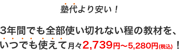 塾代より安い！3年間でも全部使い切れない程の教材を、 いつでも使えて月々2,739円〜5,280円(税込)！